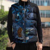 Aotearoa Matariki Sleeveless Puffer Jacket Maori Tribal with Silver Fern and Tui Bird Galaxy Style - Polynesian Pride
