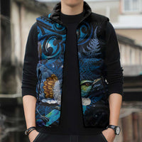 Aotearoa Matariki Sleeveless Puffer Jacket Maori Tribal with Silver Fern and Tui Bird Galaxy Style - Polynesian Pride