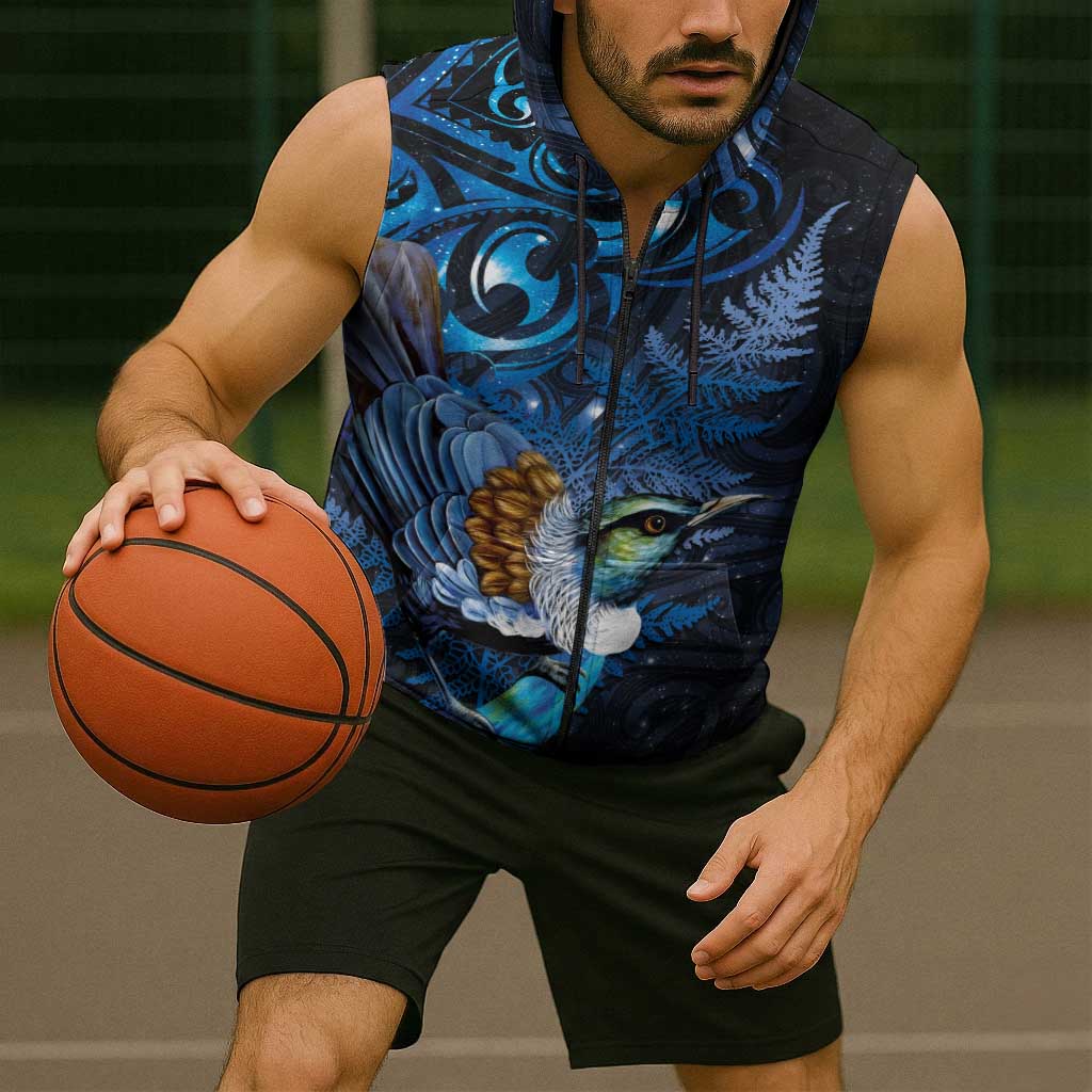 Aotearoa Matariki Sleeveless Zip Hoodie Maori Tribal with Silver Fern and Tui Bird Galaxy Style LT03