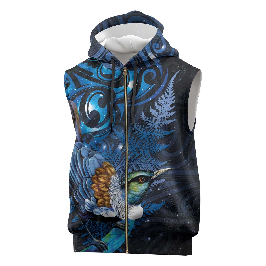 Aotearoa Matariki Sleeveless Zip Hoodie Maori Tribal with Silver Fern and Tui Bird Galaxy Style - Polynesian Pride