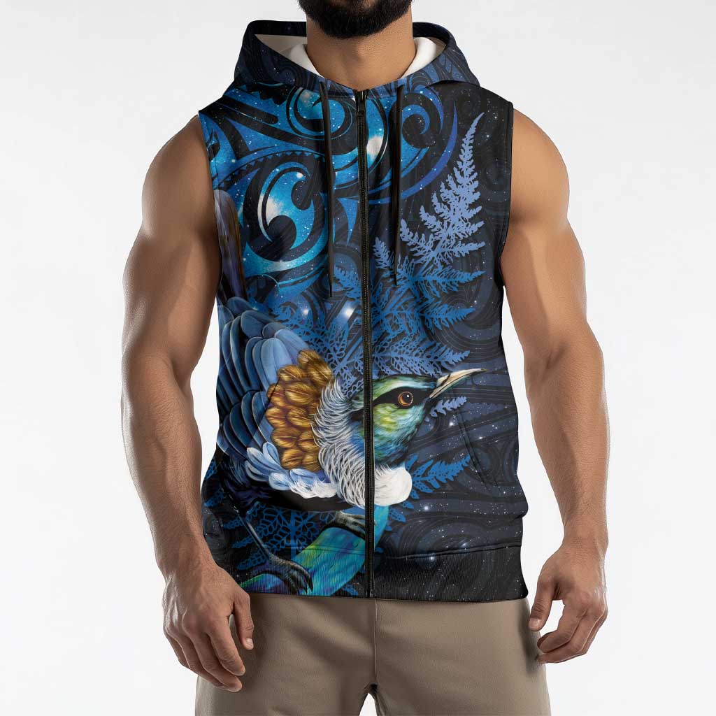 Aotearoa Matariki Sleeveless Zip Hoodie Maori Tribal with Silver Fern and Tui Bird Galaxy Style LT03
