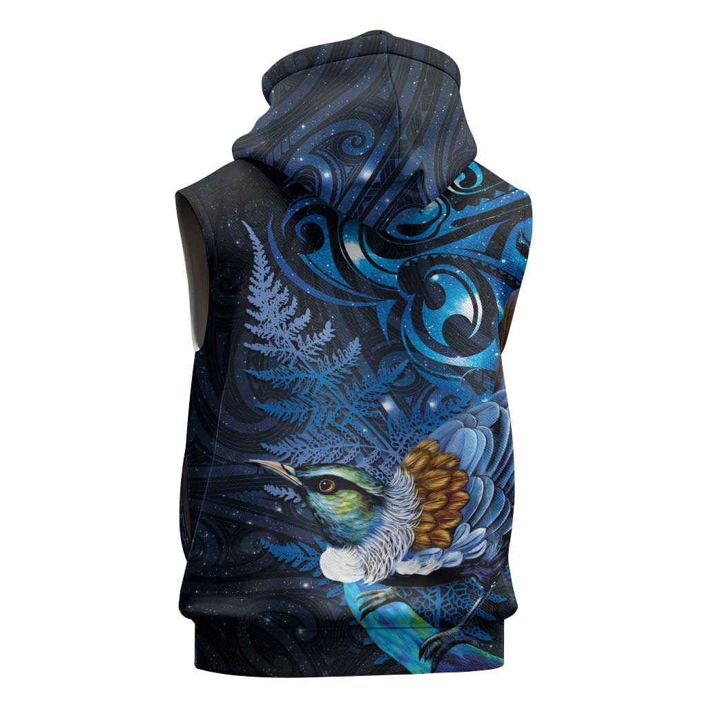 Aotearoa Matariki Sleeveless Zip Hoodie Maori Tribal with Silver Fern and Tui Bird Galaxy Style LT03