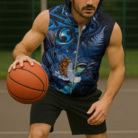 Aotearoa Matariki Sleeveless Zip Hoodie Maori Tribal with Silver Fern and Tui Bird Galaxy Style - Polynesian Pride