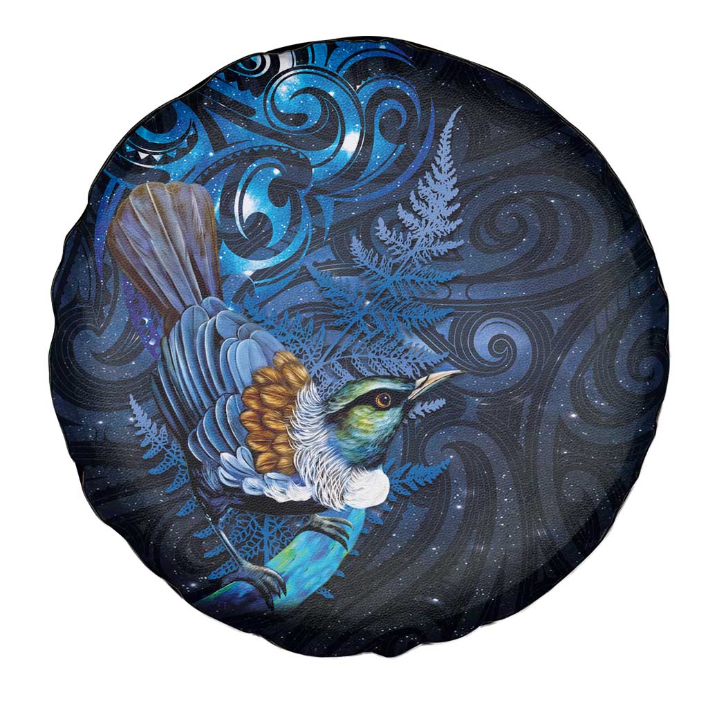 Aotearoa Matariki Spare Tire Cover Maori Tribal with Silver Fern and Tui Bird Galaxy Style - Polynesian Pride