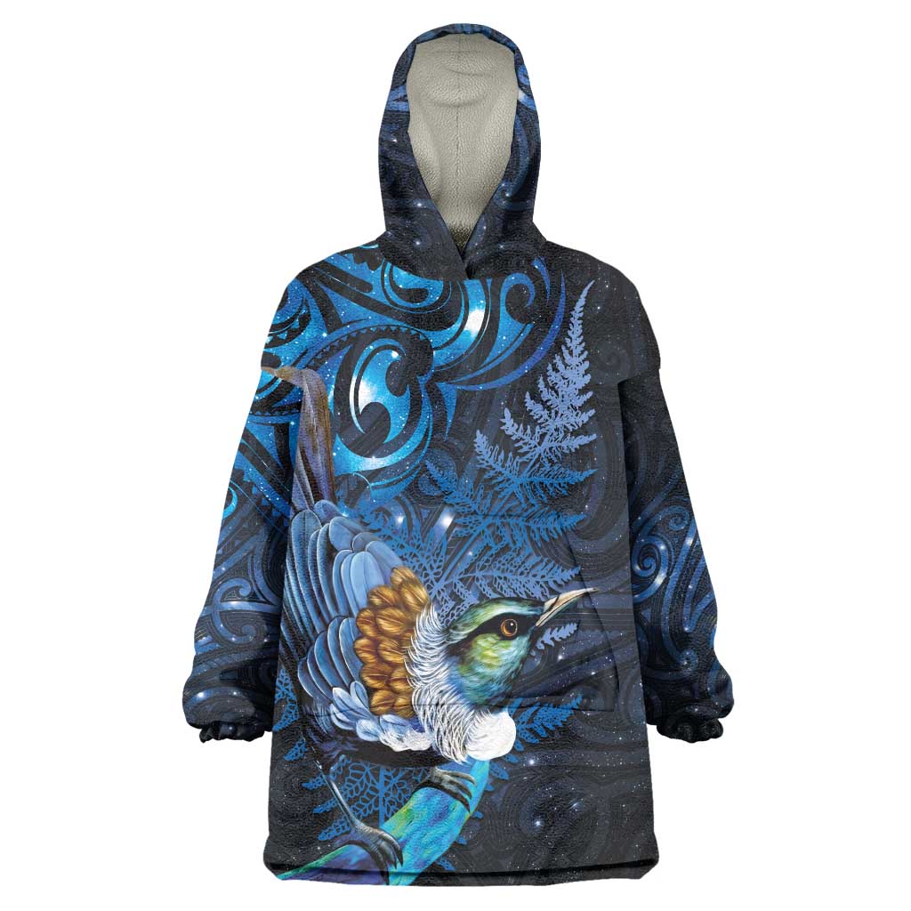 Aotearoa Matariki Wearable Blanket Hoodie Maori Tribal with Silver Fern and Tui Bird Galaxy Style - Polynesian Pride