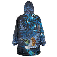Aotearoa Matariki Wearable Blanket Hoodie Maori Tribal with Silver Fern and Tui Bird Galaxy Style - Polynesian Pride