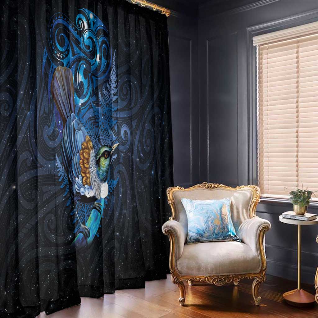 Aotearoa Matariki Window Curtain Maori Tribal with Silver Fern and Tui Bird Galaxy Style - Polynesian Pride