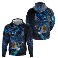 Aotearoa Matariki Zip Hoodie Maori Tribal with Silver Fern and Tui Bird Galaxy Style - Polynesian Pride