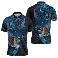 Aotearoa Matariki Zipper Polo Shirt Maori Tribal with Silver Fern and Tui Bird Galaxy Style - Polynesian Pride