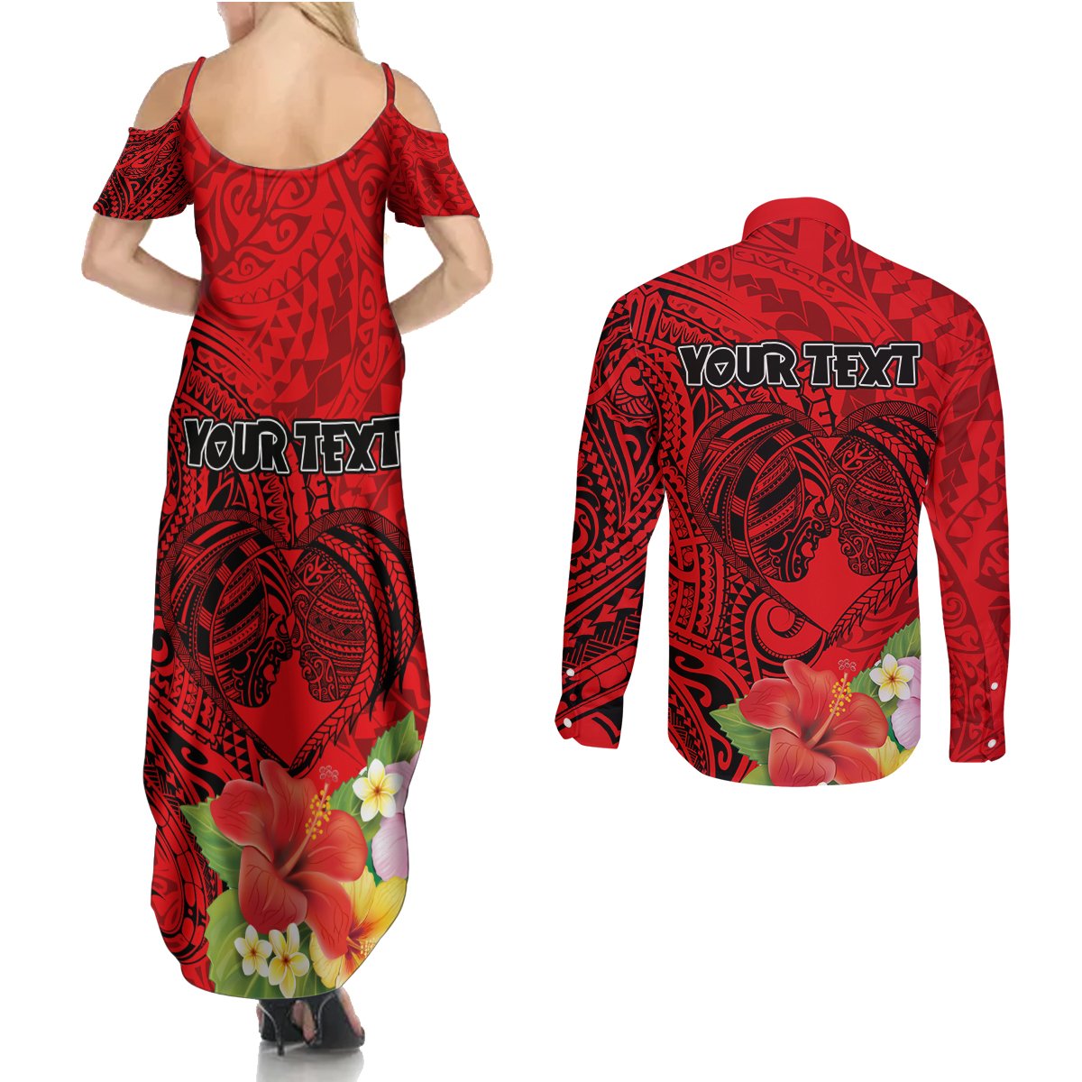 Personalised Hawaii Valentine Day Couples Matching Summer Maxi Dress and Long Sleeve Button Shirt Couple Love Heart mix Hibiscus and Polynesian Tattoo LT03 - Polynesian Pride