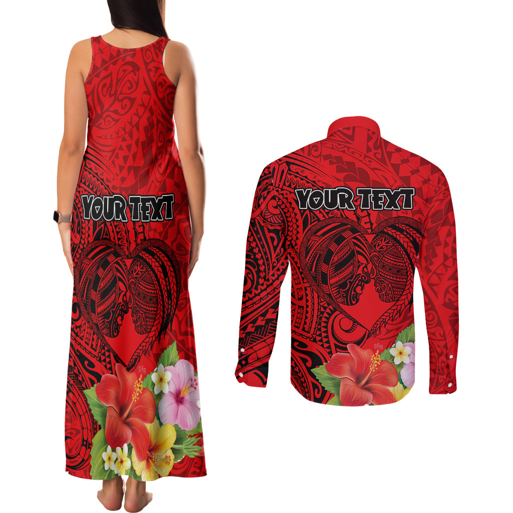 Personalised Hawaii Valentine Day Couples Matching Tank Maxi Dress and Long Sleeve Button Shirt Couple Love Heart mix Hibiscus and Polynesian Tattoo LT03 - Polynesian Pride
