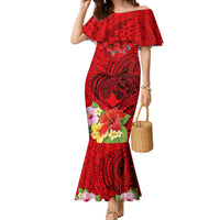 Personalised Hawaii Valentine Day Family Matching Mermaid Dress and Hawaiian Shirt Couple Love Heart mix Hibiscus and Polynesian Tattoo LT03 Mom's Dress Red - Polynesian Pride