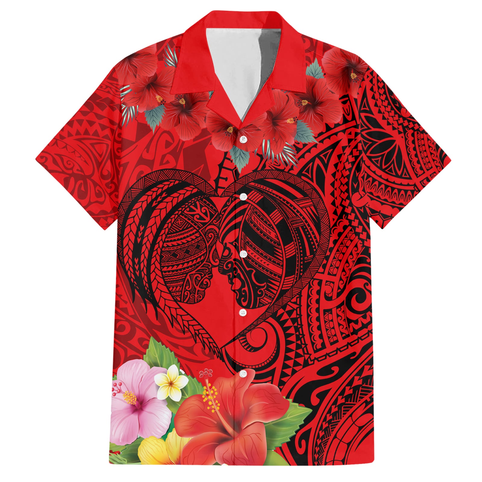 Personalised Hawaii Valentine Day Hawaiian Shirt Couple Love Heart mix Hibiscus and Polynesian Tattoo LT03 Red - Polynesian Pride