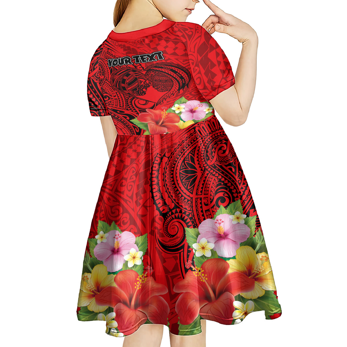 Personalised Hawaii Valentine Day Kid Short Sleeve Dress Couple Love Heart mix Hibiscus and Polynesian Tattoo LT03 - Polynesian Pride