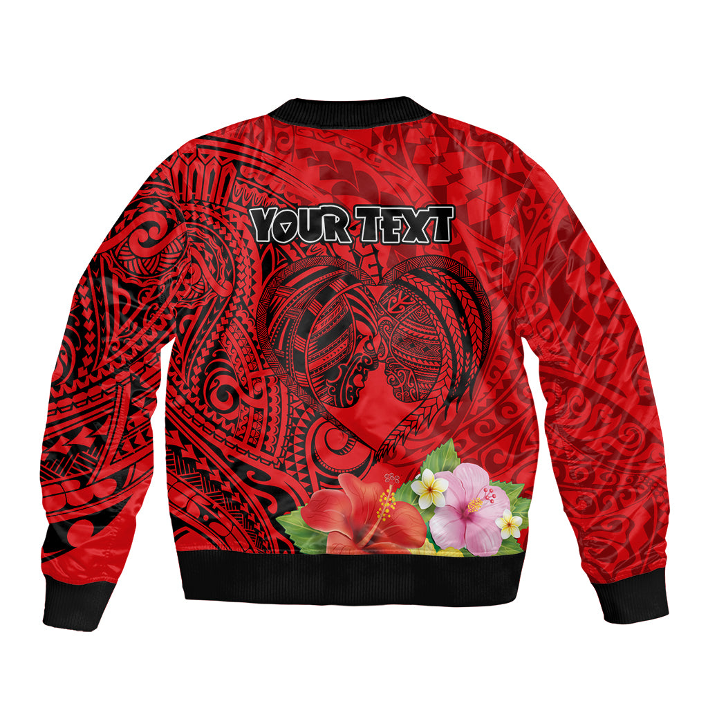 Personalised Hawaii Valentine Day Sleeve Zip Bomber Jacket Couple Love Heart mix Hibiscus and Polynesian Tattoo LT03 - Polynesian Pride