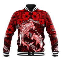 Polynesian Shark Valentine Day Baseball Jacket Hibiscus and Tribal Tattoo Red Style LT03 Unisex Red - Polynesian Pride