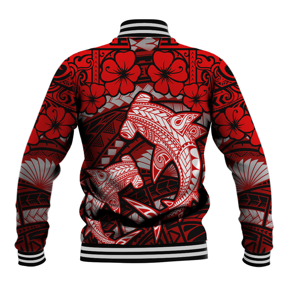 Polynesian Shark Valentine Day Baseball Jacket Hibiscus and Tribal Tattoo Red Style LT03 - Polynesian Pride