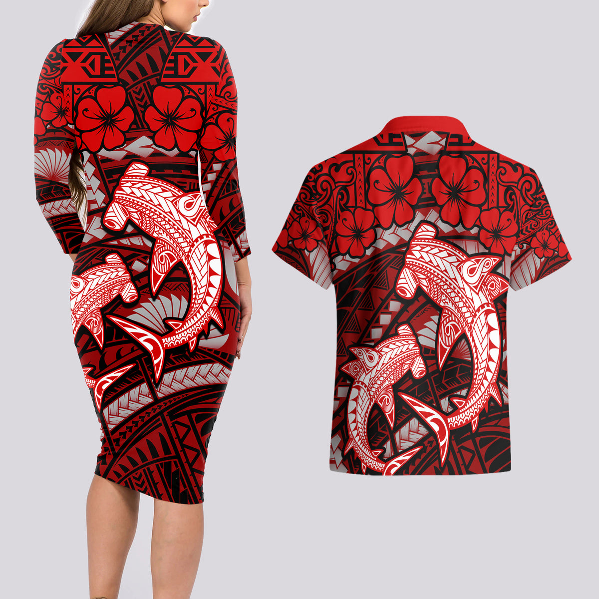 Polynesian Shark Valentine Day Couples Matching Long Sleeve Bodycon Dress and Hawaiian Shirt Hibiscus and Tribal Tattoo Red Style LT03 - Polynesian Pride