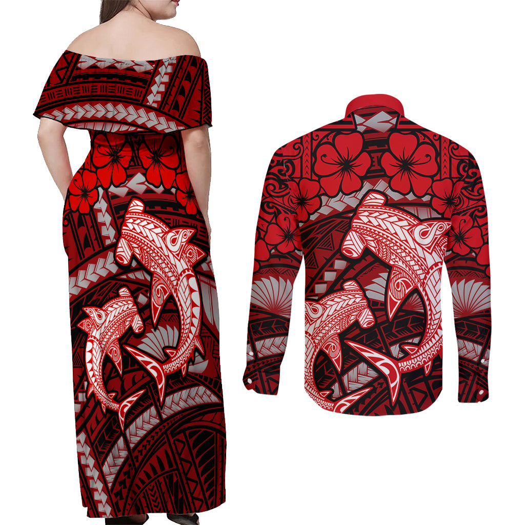 Polynesian Shark Valentine Day Couples Matching Off Shoulder Maxi Dress and Long Sleeve Button Shirt Hibiscus and Tribal Tattoo Red Style LT03 - Polynesian Pride