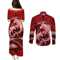 Polynesian Shark Valentine Day Couples Matching Puletasi and Long Sleeve Button Shirt Hibiscus and Tribal Tattoo Red Style LT03 - Polynesian Pride