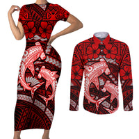 Polynesian Shark Valentine Day Couples Matching Short Sleeve Bodycon Dress and Long Sleeve Button Shirt Hibiscus and Tribal Tattoo Red Style LT03 Red - Polynesian Pride