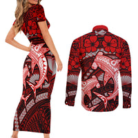 Polynesian Shark Valentine Day Couples Matching Short Sleeve Bodycon Dress and Long Sleeve Button Shirt Hibiscus and Tribal Tattoo Red Style LT03 - Polynesian Pride