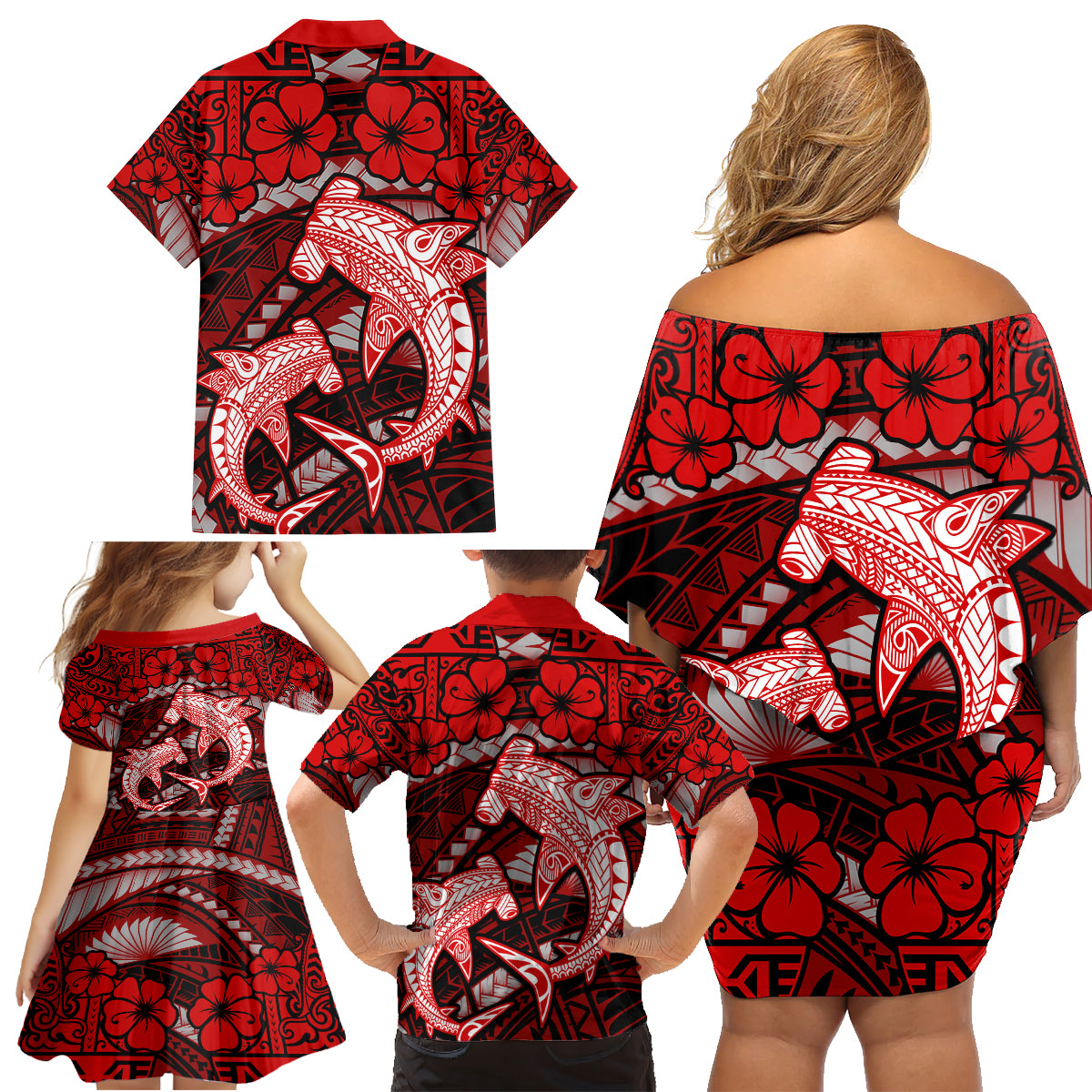 Polynesian Shark Valentine Day Family Matching Off Shoulder Short Dress and Hawaiian Shirt Hibiscus and Tribal Tattoo Red Style LT03 - Polynesian Pride