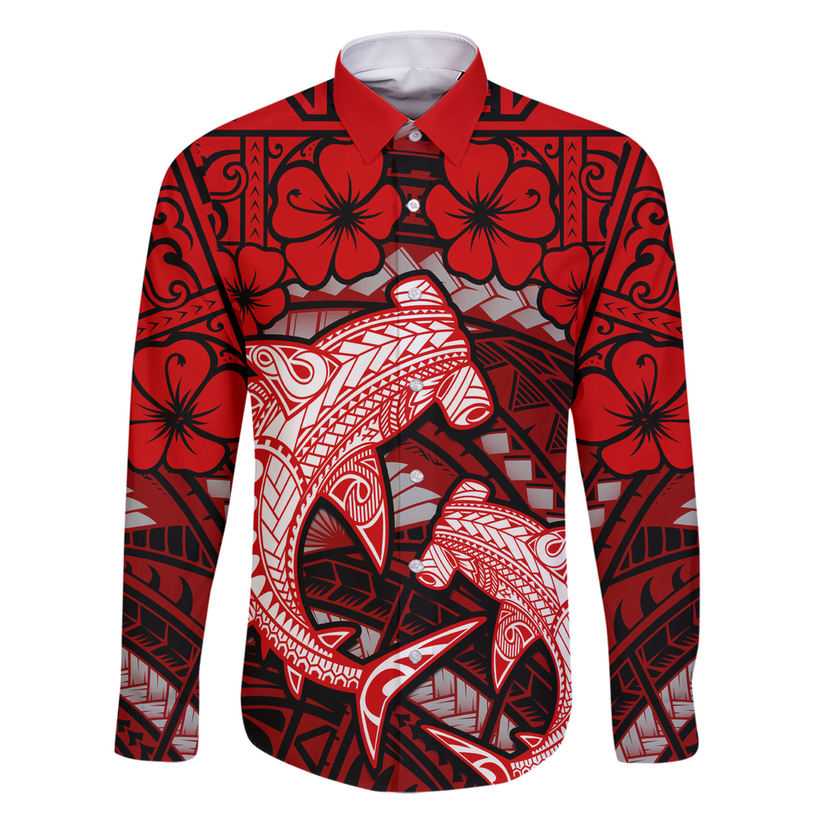 Polynesian Shark Valentine Day Family Matching Short Sleeve Bodycon Dress and Hawaiian Shirt Hibiscus and Tribal Tattoo Red Style LT03 Dad's Shirt - Long Sleeve Red - Polynesian Pride