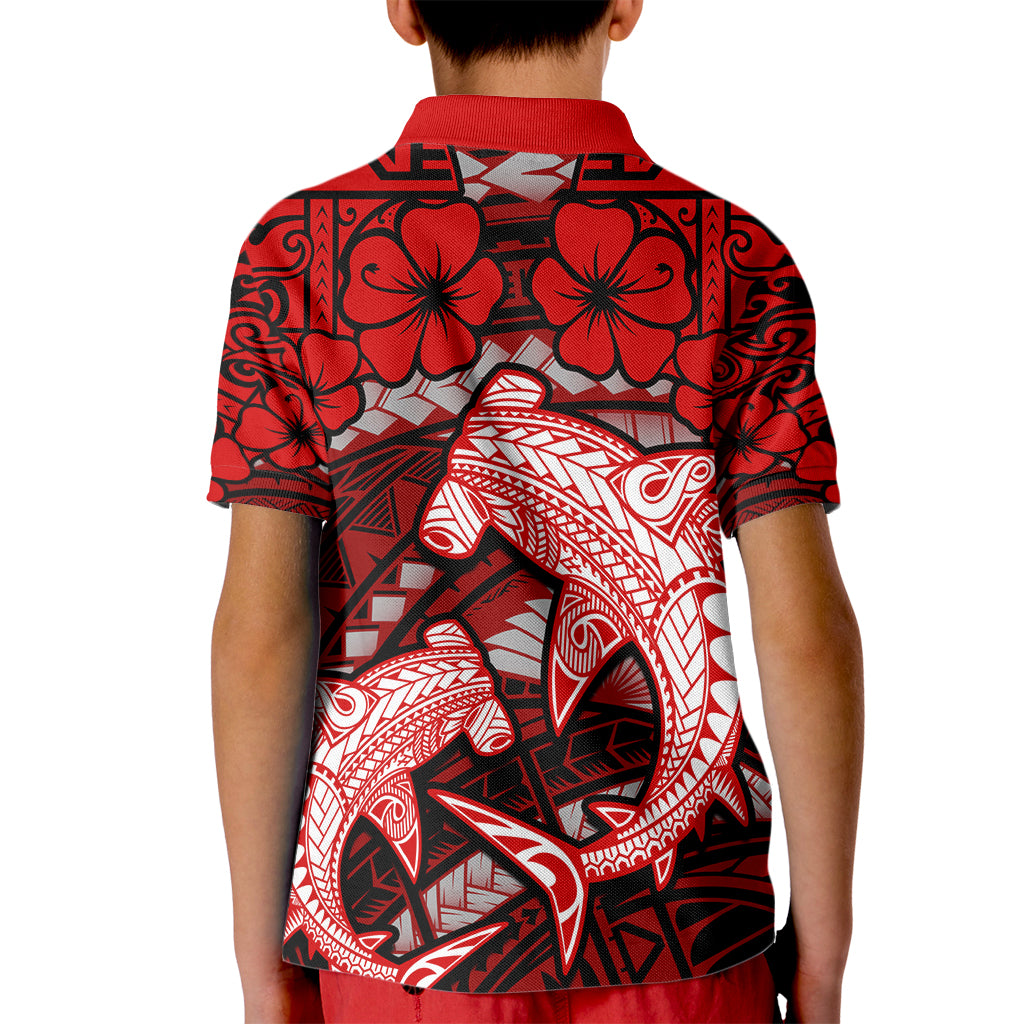 Polynesian Shark Valentine Day Kid Polo Shirt Hibiscus and Tribal Tattoo Red Style LT03 - Polynesian Pride