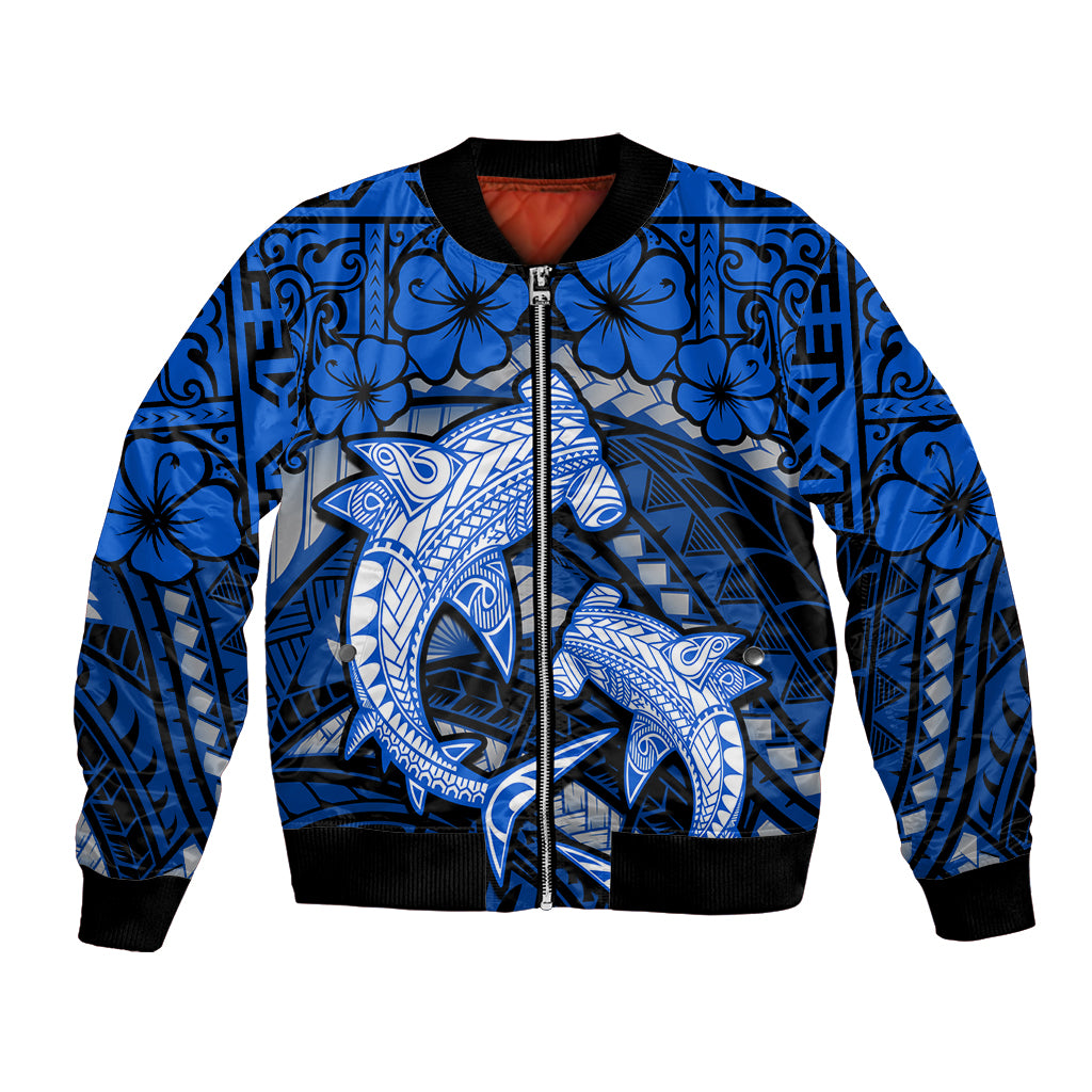 Polynesian Shark Valentine Day Bomber Jacket Hibiscus and Tribal Tattoo Blue Style LT03 Unisex Blue - Polynesian Pride