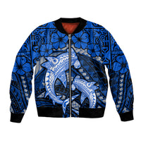 Polynesian Shark Valentine Day Bomber Jacket Hibiscus and Tribal Tattoo Blue Style LT03 Unisex Blue - Polynesian Pride
