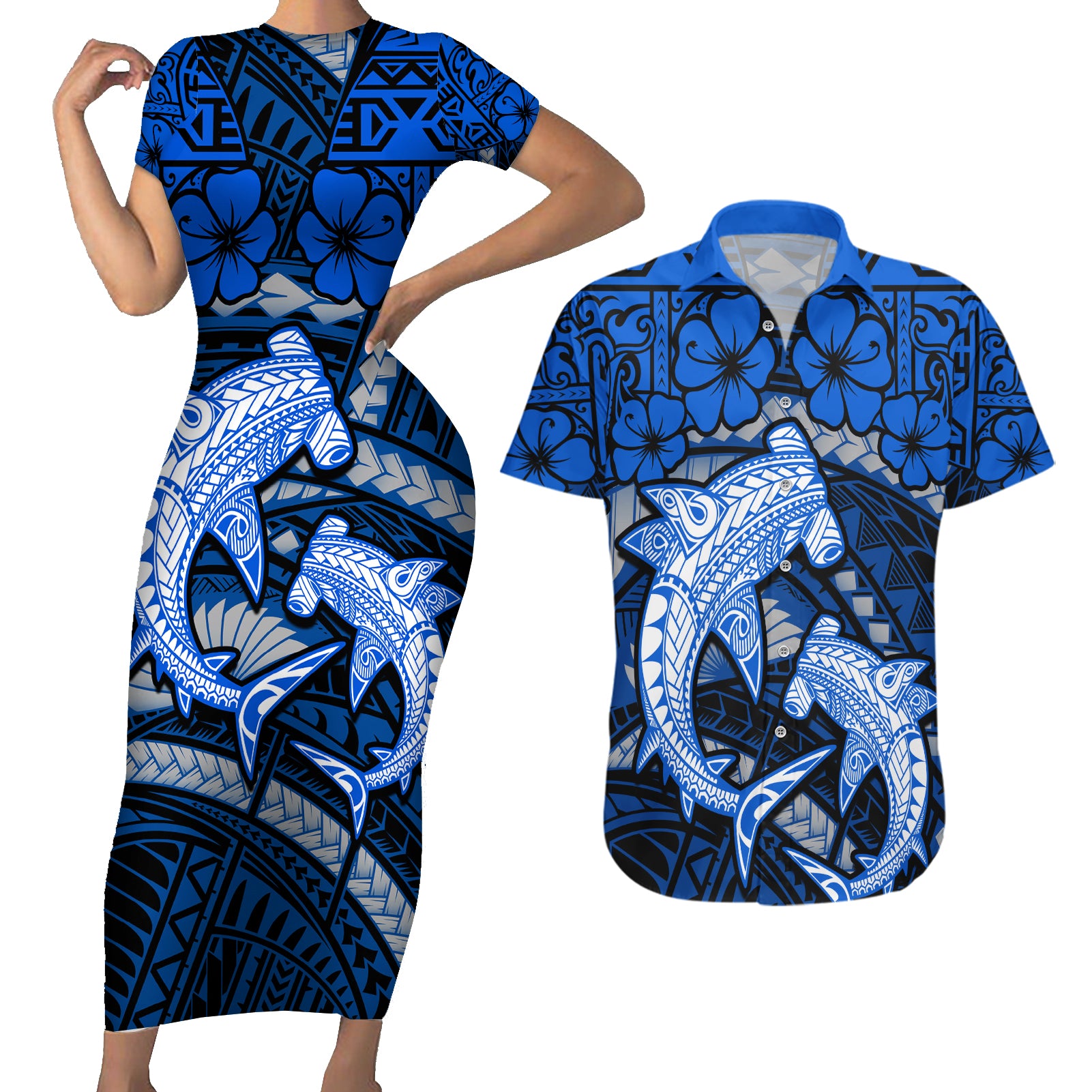 Polynesian Shark Valentine Day Couples Matching Short Sleeve Bodycon Dress and Hawaiian Shirt Hibiscus and Tribal Tattoo Blue Style LT03 Blue - Polynesian Pride