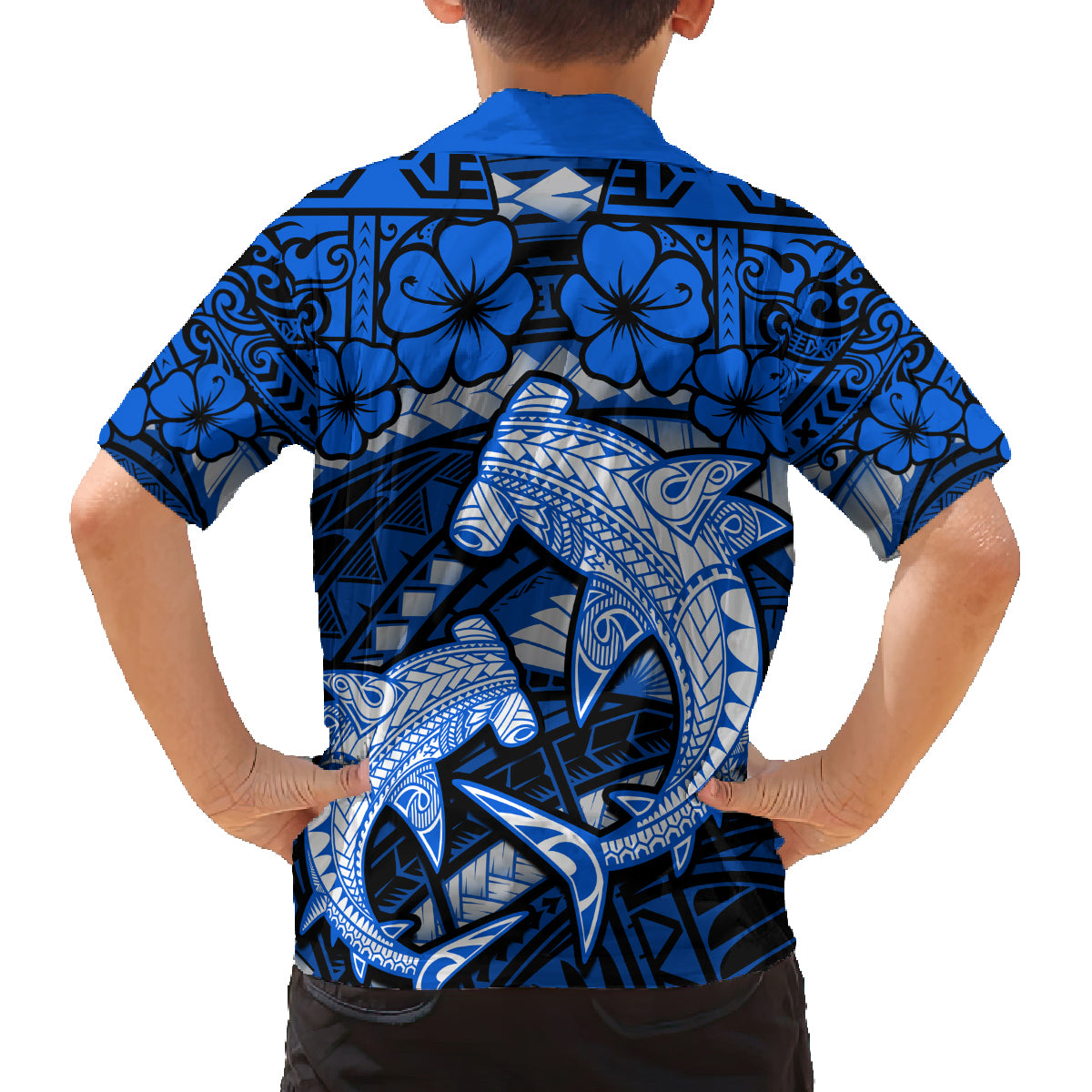 Polynesian Shark Valentine Day Family Matching Off Shoulder Short Dress and Hawaiian Shirt Hibiscus and Tribal Tattoo Blue Style LT03 - Polynesian Pride