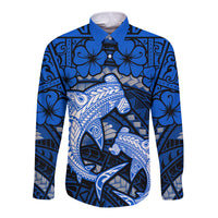 Polynesian Shark Valentine Day Long Sleeve Button Shirt Hibiscus and Tribal Tattoo Blue Style LT03 Unisex Blue - Polynesian Pride