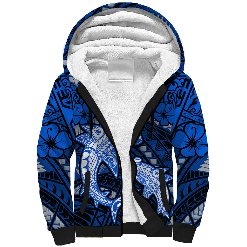 Polynesian Shark Valentine Day Sherpa Hoodie Hibiscus and Tribal Tattoo Blue Style LT03 Unisex Blue - Polynesian Pride