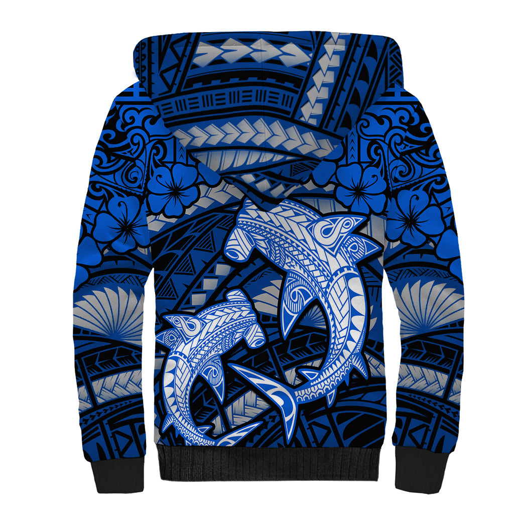Polynesian Shark Valentine Day Sherpa Hoodie Hibiscus and Tribal Tattoo Blue Style LT03 - Polynesian Pride