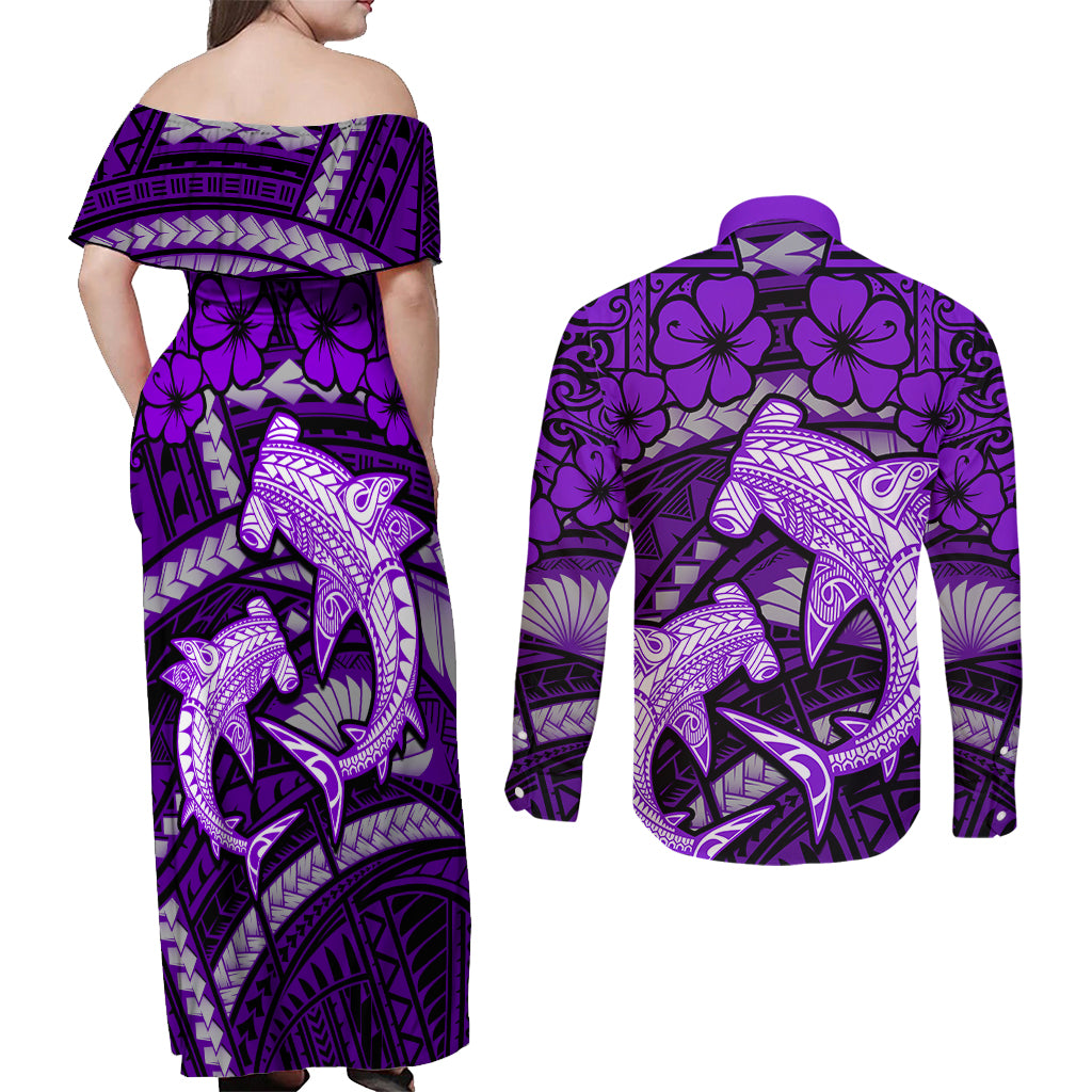 Polynesian Shark Valentine Day Couples Matching Off Shoulder Maxi Dress and Long Sleeve Button Shirt Hibiscus and Tribal Tattoo Purple Style LT03 - Polynesian Pride