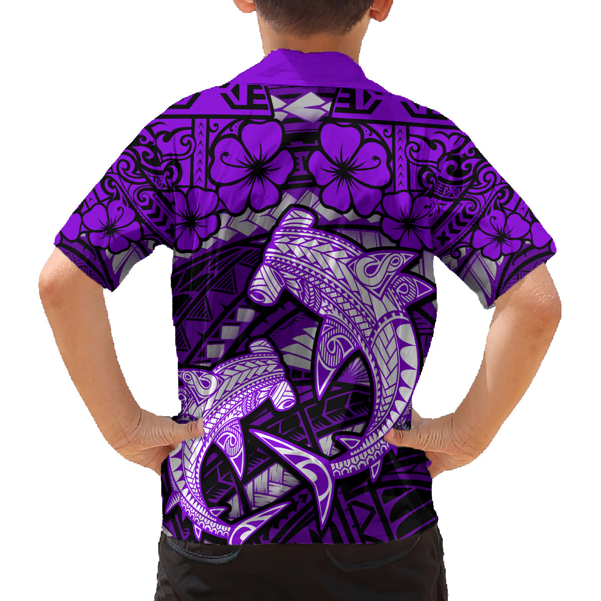 Polynesian Shark Valentine Day Family Matching Long Sleeve Bodycon Dress and Hawaiian Shirt Hibiscus and Tribal Tattoo Purple Style LT03 - Polynesian Pride