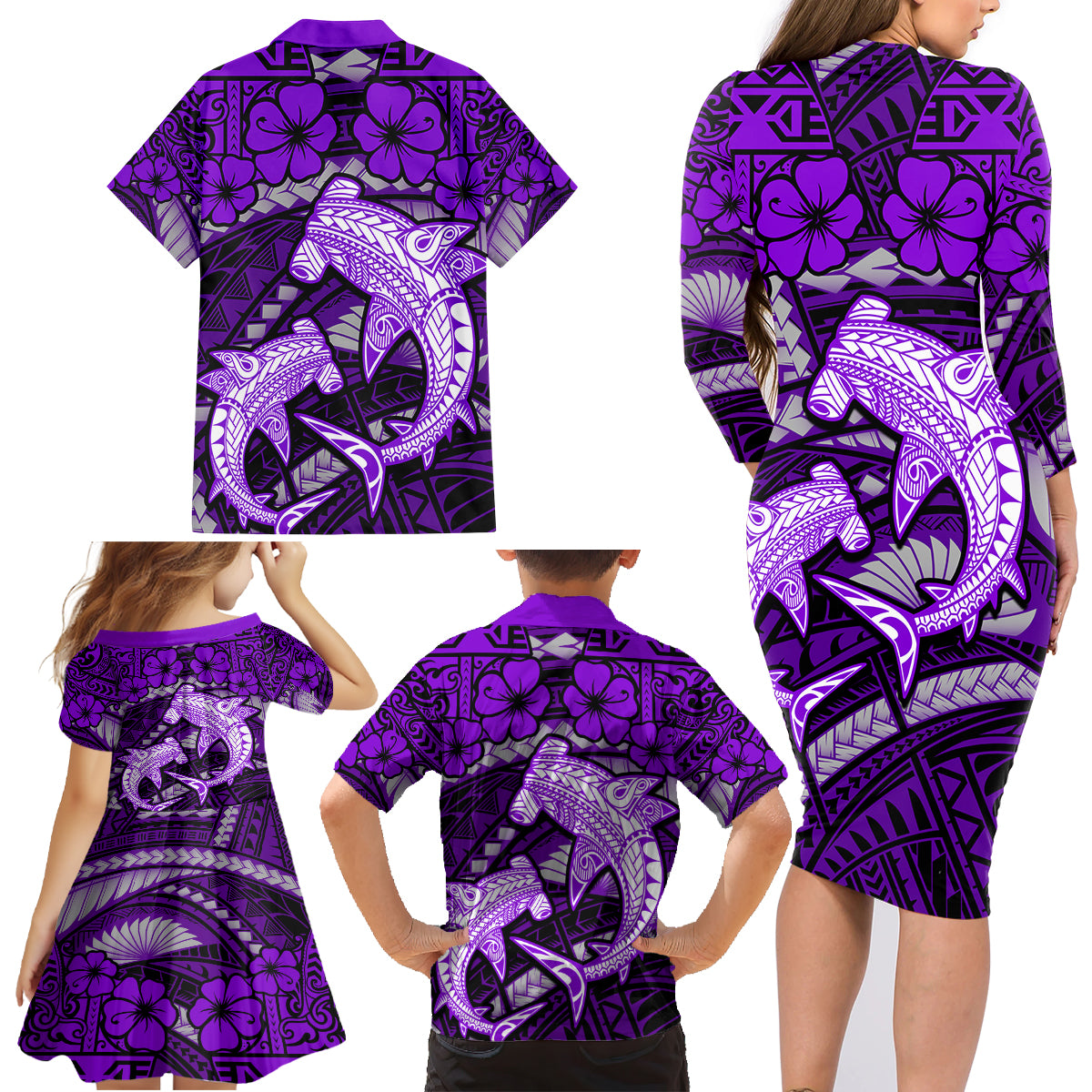 Polynesian Shark Valentine Day Family Matching Long Sleeve Bodycon Dress and Hawaiian Shirt Hibiscus and Tribal Tattoo Purple Style LT03 - Polynesian Pride
