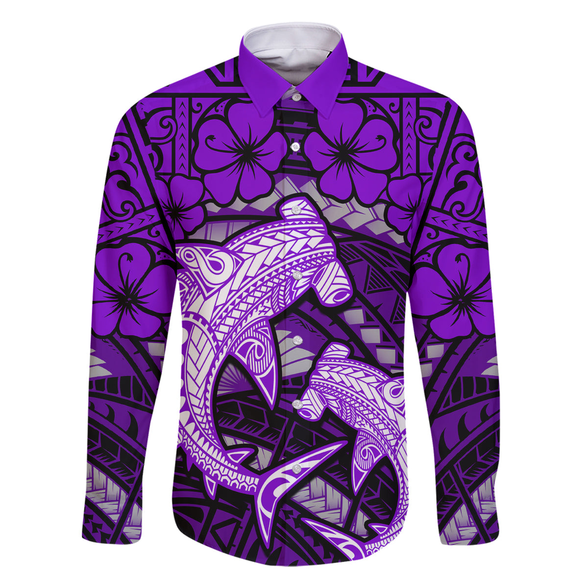 Polynesian Shark Valentine Day Family Matching Long Sleeve Bodycon Dress and Hawaiian Shirt Hibiscus and Tribal Tattoo Purple Style LT03 Dad's Shirt - Long Sleeve Purple - Polynesian Pride