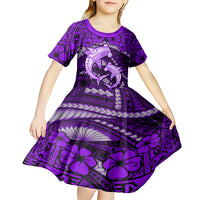 Polynesian Shark Valentine Day Kid Short Sleeve Dress Hibiscus and Tribal Tattoo Purple Style LT03 - Polynesian Pride