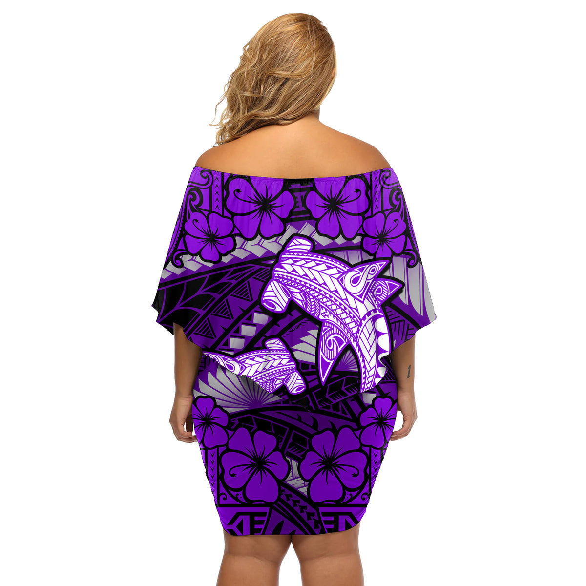 Polynesian Shark Valentine Day Off Shoulder Short Dress Hibiscus and Tribal Tattoo Purple Style LT03 - Polynesian Pride