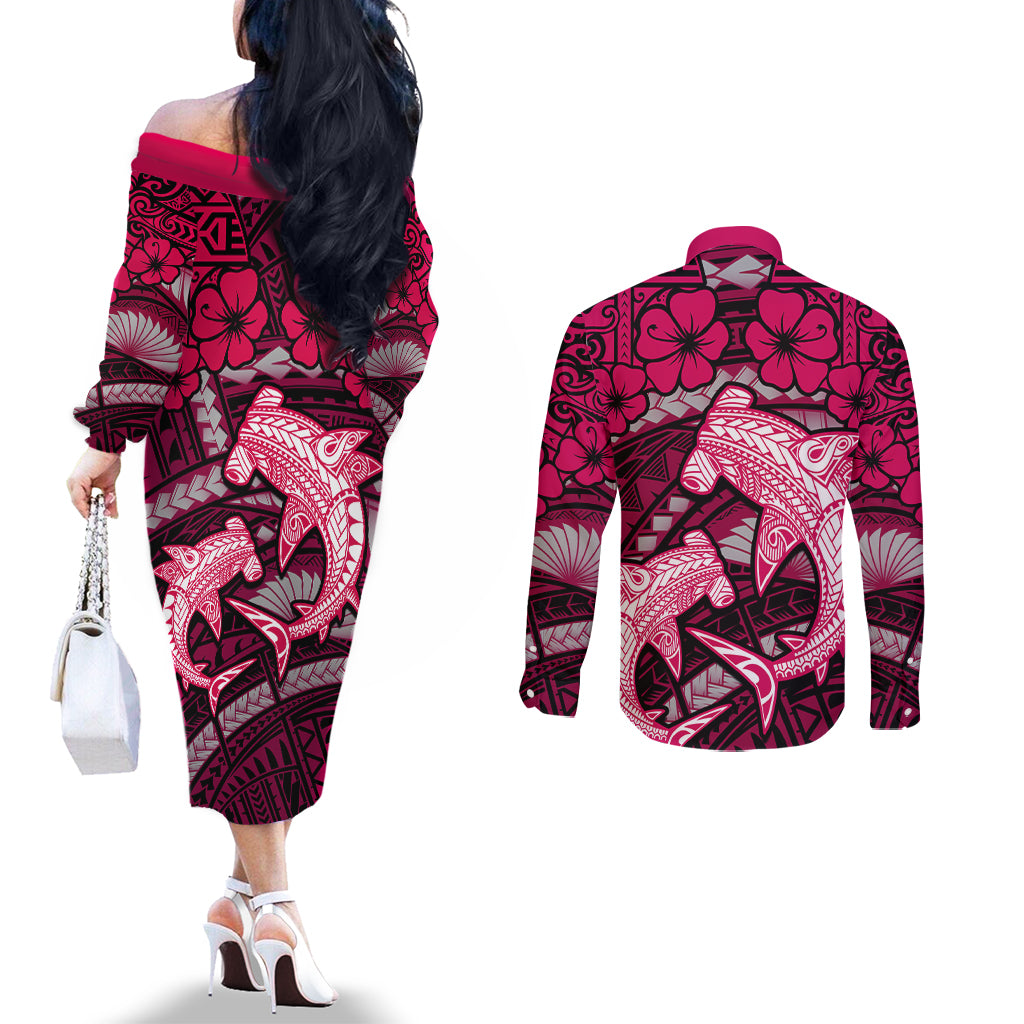 Polynesian Shark Valentine Day Couples Matching Off The Shoulder Long Sleeve Dress and Long Sleeve Button Shirt Hibiscus and Tribal Tattoo Pink Style LT03 - Polynesian Pride