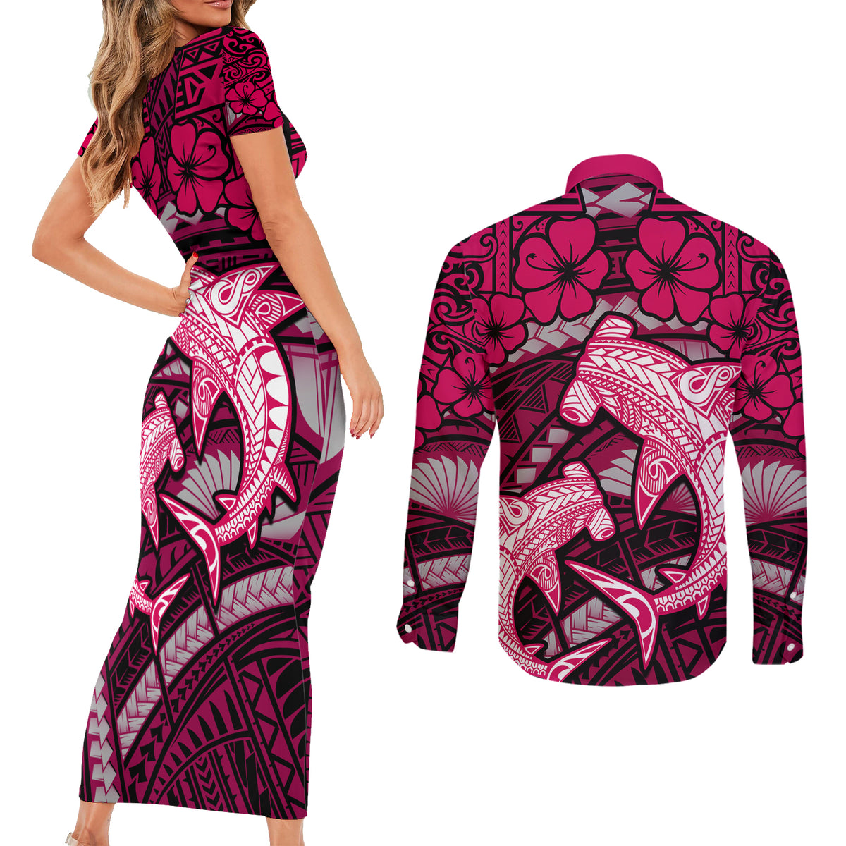Polynesian Shark Valentine Day Couples Matching Short Sleeve Bodycon Dress and Long Sleeve Button Shirt Hibiscus and Tribal Tattoo Pink Style LT03 - Polynesian Pride