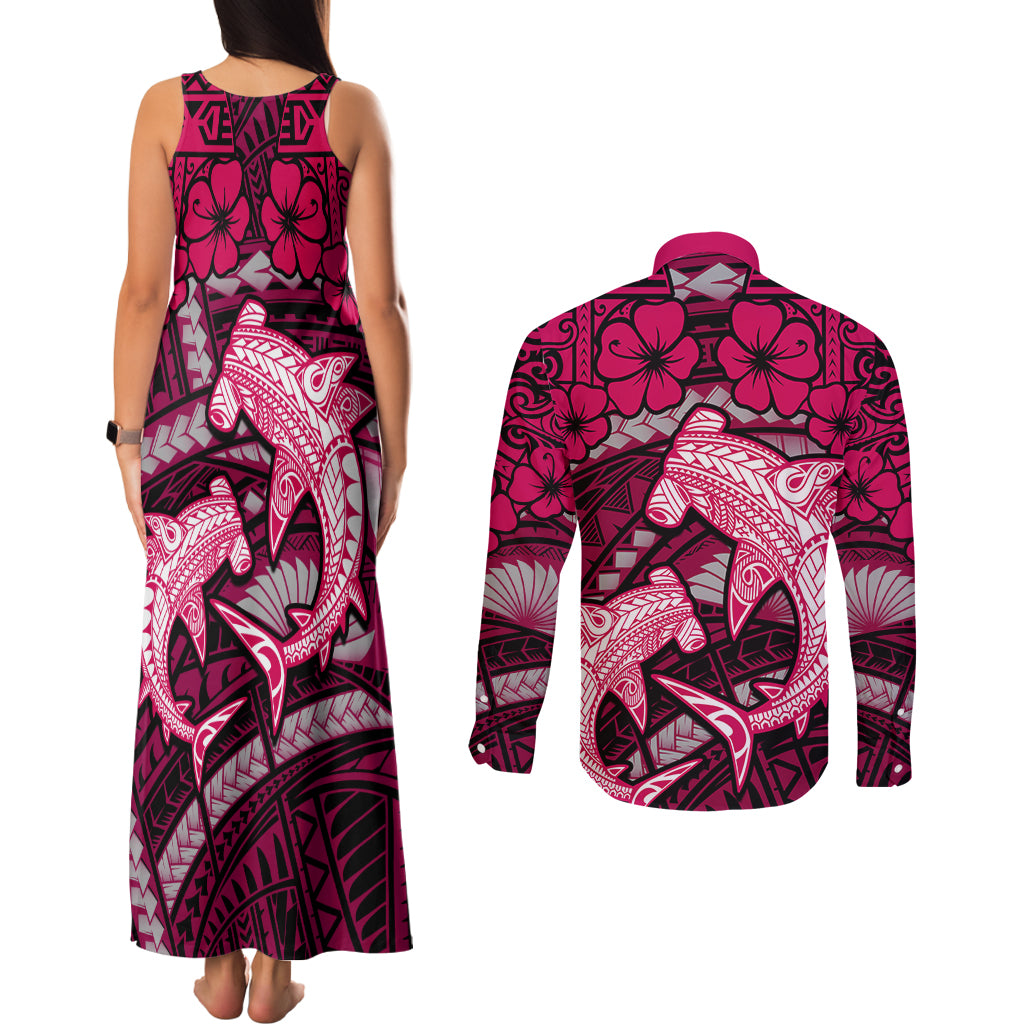 Polynesian Shark Valentine Day Couples Matching Tank Maxi Dress and Long Sleeve Button Shirt Hibiscus and Tribal Tattoo Pink Style LT03 - Polynesian Pride