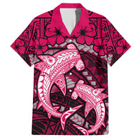 Polynesian Shark Valentine Day Family Matching Long Sleeve Bodycon Dress and Hawaiian Shirt Hibiscus and Tribal Tattoo Pink Style LT03 Dad's Shirt - Short Sleeve Pink - Polynesian Pride