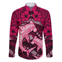 Polynesian Shark Valentine Day Family Matching Mermaid Dress and Hawaiian Shirt Hibiscus and Tribal Tattoo Pink Style LT03 Dad's Shirt - Long Sleeve Pink - Polynesian Pride