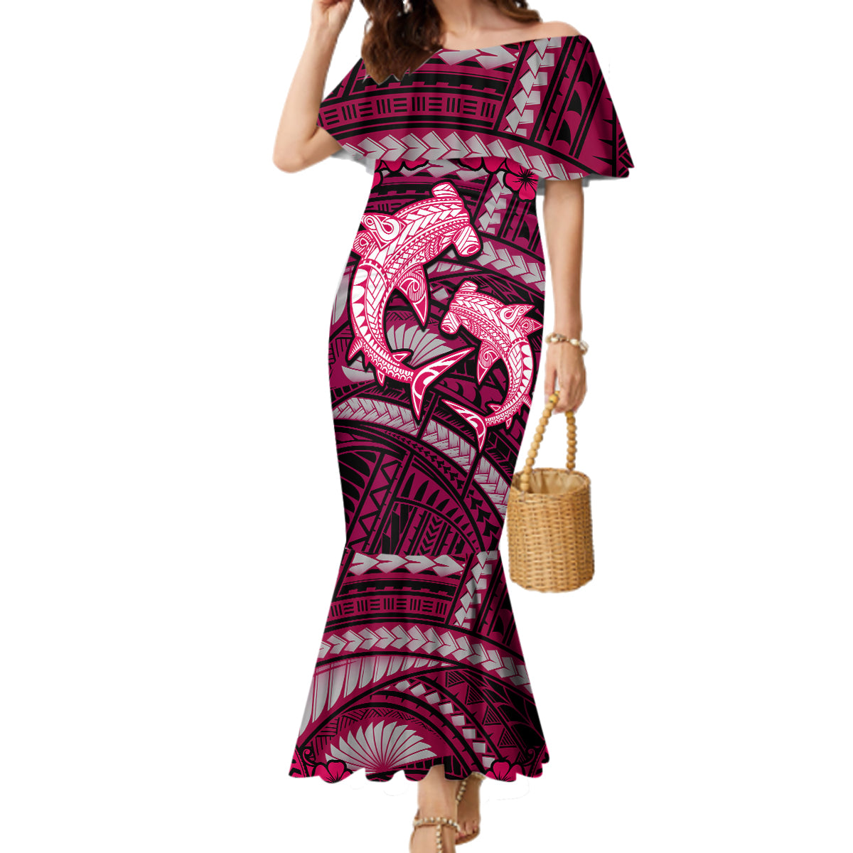 Polynesian Shark Valentine Day Family Matching Mermaid Dress and Hawaiian Shirt Hibiscus and Tribal Tattoo Pink Style LT03 Mom's Dress Pink - Polynesian Pride