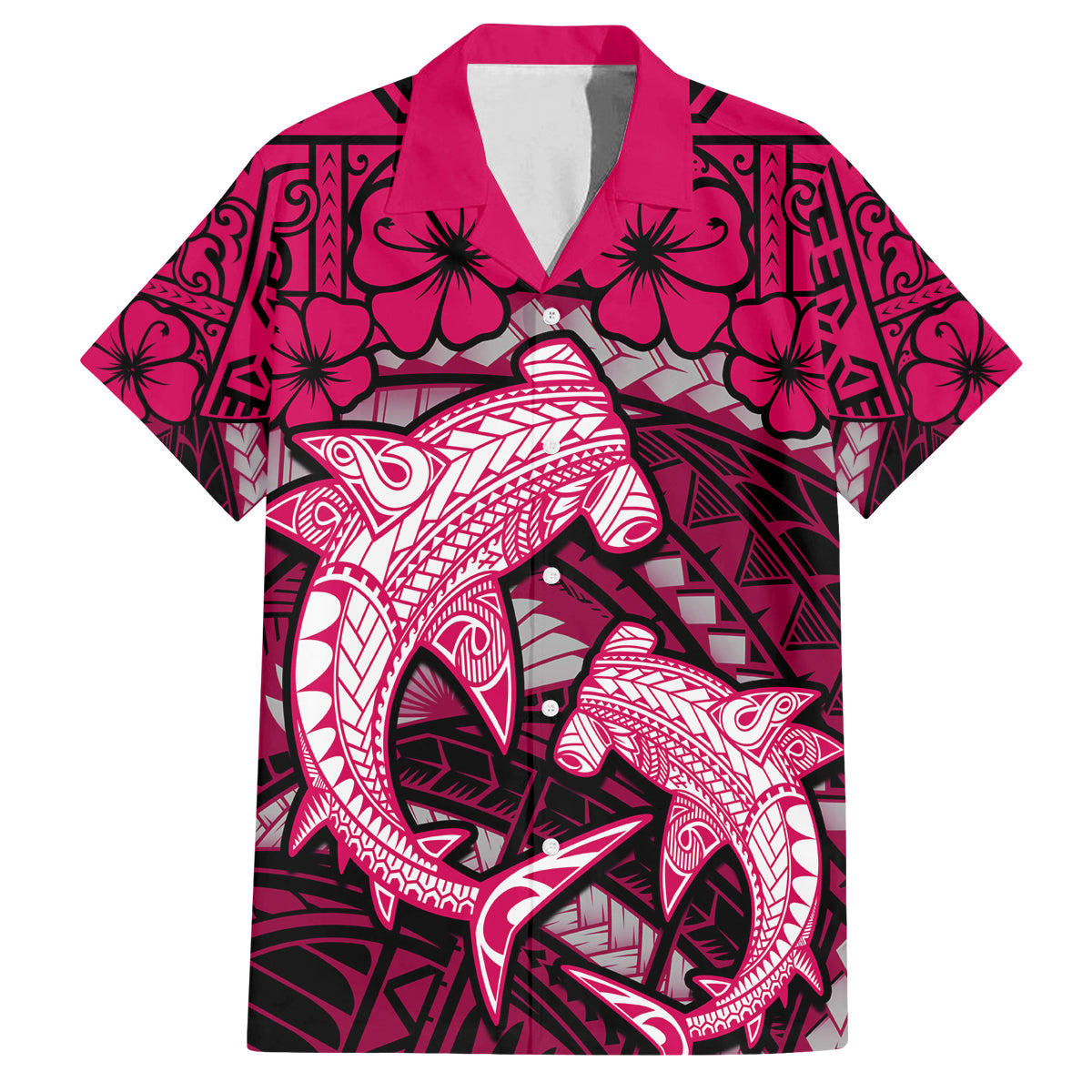 Polynesian Shark Valentine Day Family Matching Off Shoulder Long Sleeve Dress and Hawaiian Shirt Hibiscus and Tribal Tattoo Pink Style LT03 Dad's Shirt - Short Sleeve Pink - Polynesian Pride