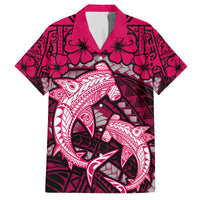 Polynesian Shark Valentine Day Family Matching Off Shoulder Maxi Dress and Hawaiian Shirt Hibiscus and Tribal Tattoo Pink Style LT03 Dad's Shirt - Short Sleeve Pink - Polynesian Pride